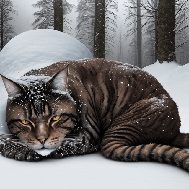 AI generated: side view of a nice, wise, gloomy,  giant,  brown very old cat resting  in a winter prehistoric fore...