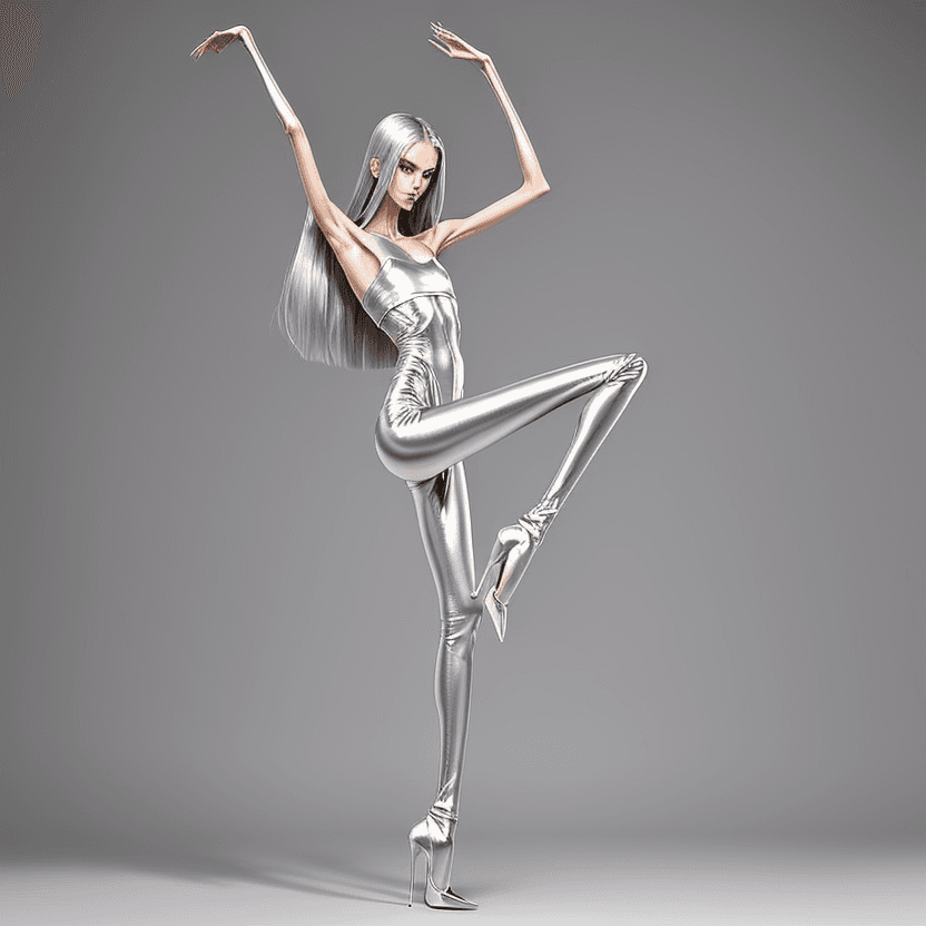 AI generated: photo of an extremely skinny, flat-chested model with extreme long and skinny legs with extreme long...