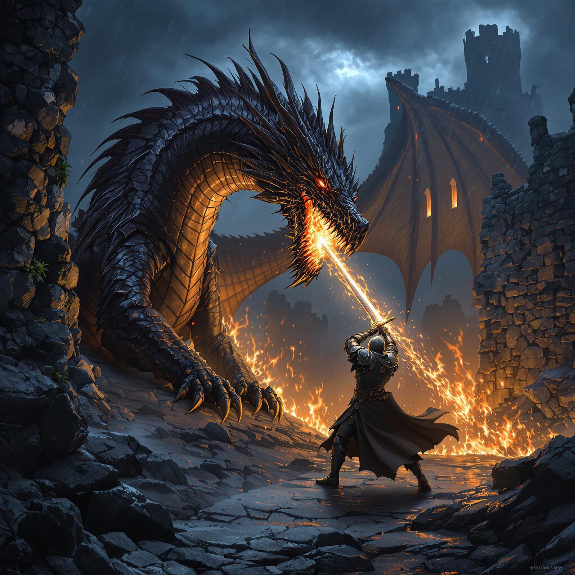 AI generated: Create a realistic image of a knight thrusting a medieval broadsword into the side of a beautiful dr...