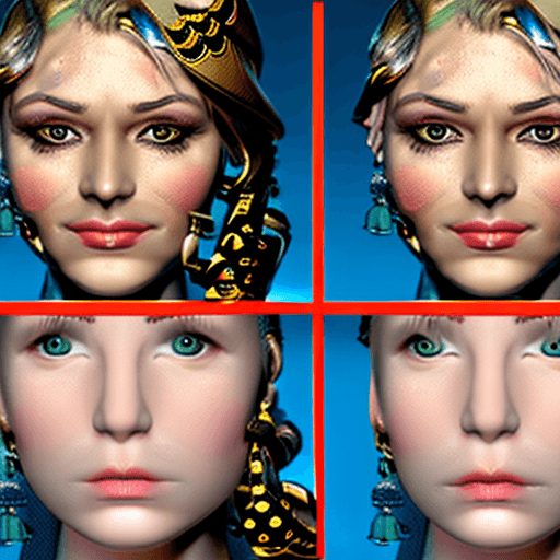 AI generated: young Female oval-shaped face with sharp jaw, thin lips, wide lips, upturned nose, slightly big nose...