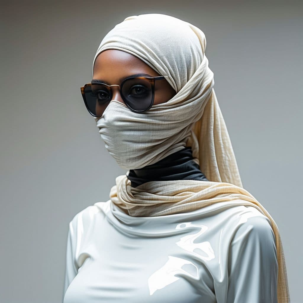 AI generated: a super hyper realistic full femal upper body with a bandari mask with differnet fabric layer and so...