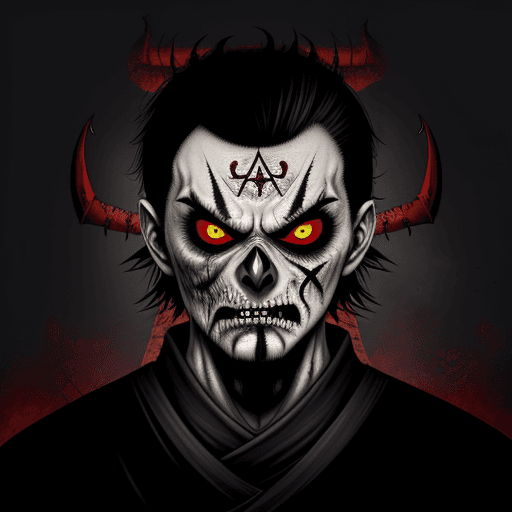 AI generated: Satanic symbols, angry zombie samurai face, crow, strange, creepy, scary, thriller, fear, highly det...