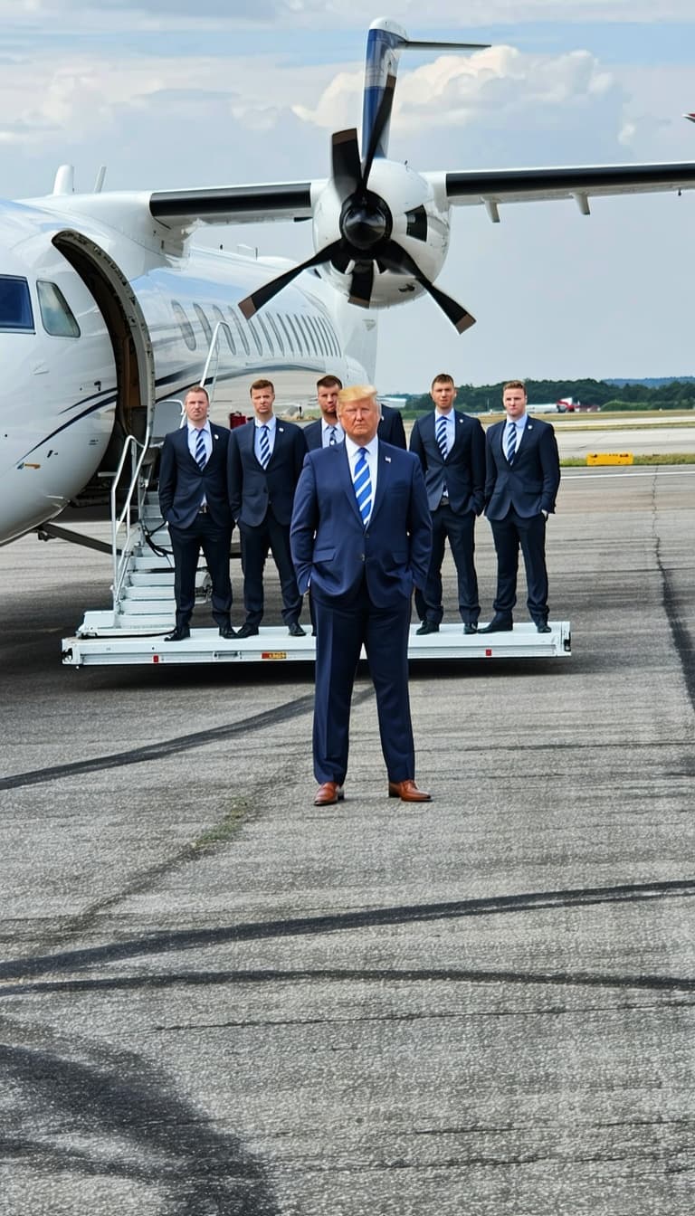 AI generated: Add my photo in the middle of the bodyguards standing in front of the aeroplane 