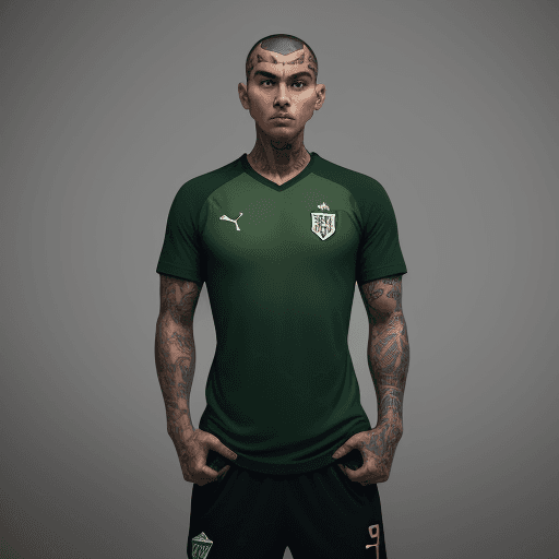 AI generated: a soccer man in green shirt with his arms folded against , in the style of tattoo, full body, soccer...