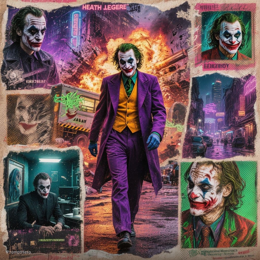 AI generated: A retro vintage collage design of Heath Ledger as the Joker. The central image shows him walking in ...