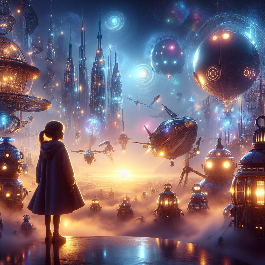AI generated: Envision a misty, mystical world illuminated by dynamic lights. In its midst stands a sweet girl, su...