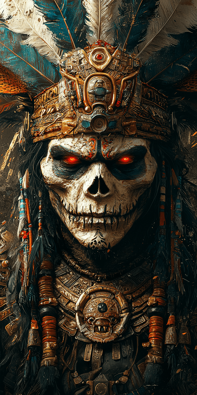 AI generated: A highly detailed photorealistic digital illustration of an Aztec god with a skull face, staring int...