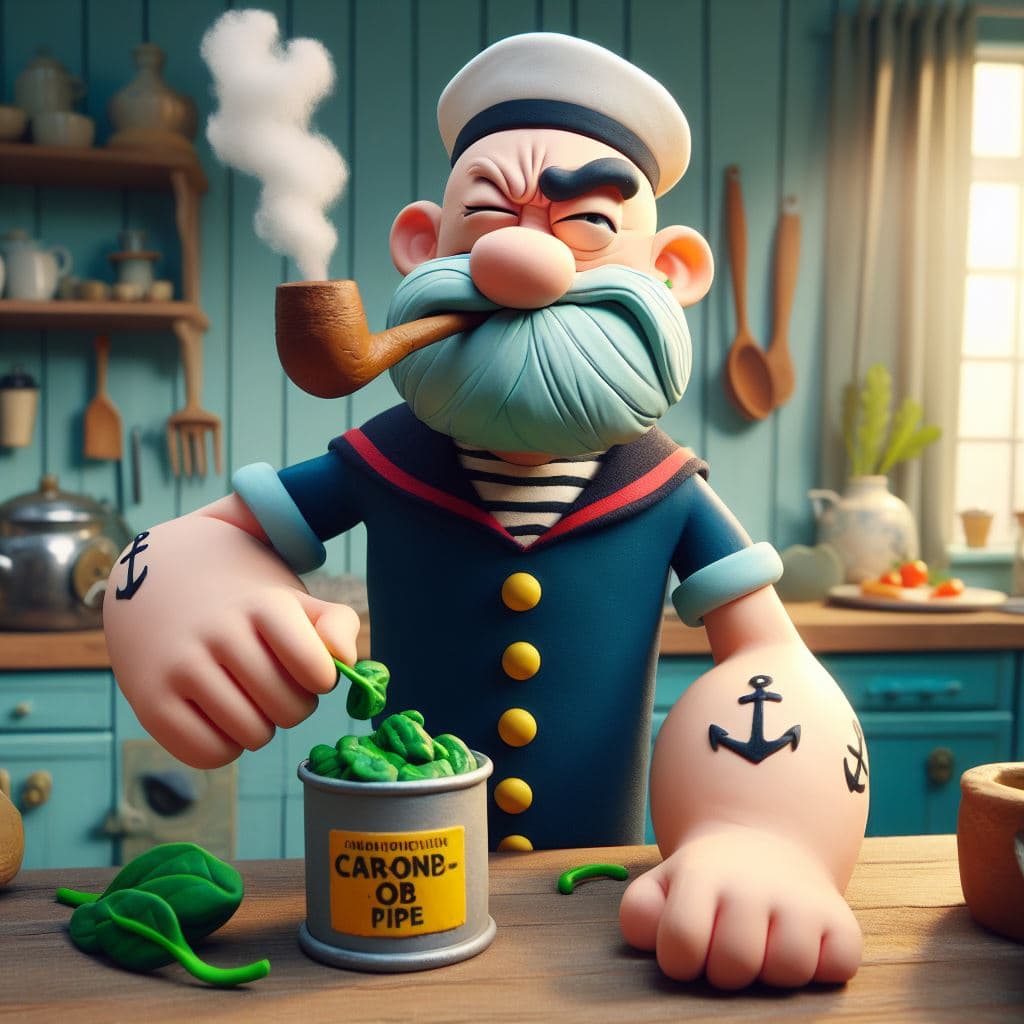 AI generated: Full body view, grumpy Popeye the sailor squinting one eye shut, anchor tattoo, smokes corn-cob pipe...