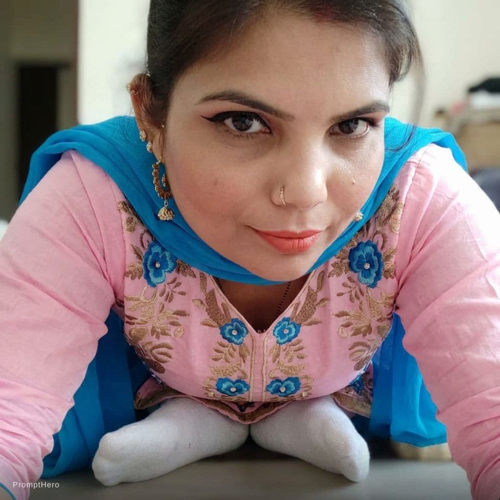 AI generated: looking at me. Leans over ), wearing same décolleté saree dress and white socks, teasing, keep same ...
