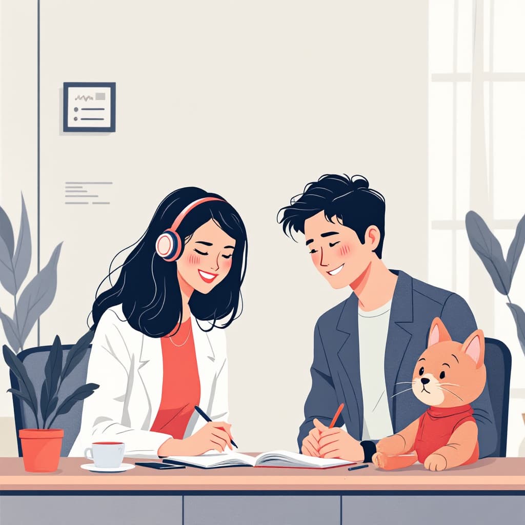 AI generated: A flat illustration of 2 asian women and 1 asian man happily studying about sound waves 
