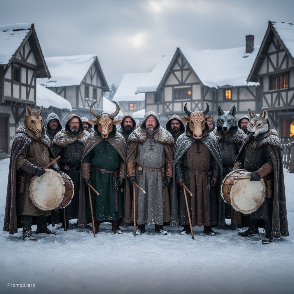 AI generated: A group of pagan villagers standing in a straight line in a snow-covered medieval village. The villa...