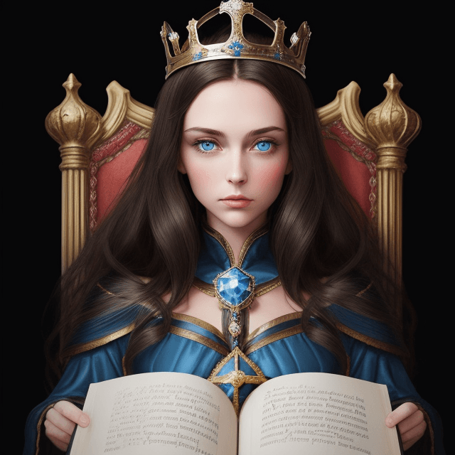 AI generated: create a book cover with a black background showing a brunette with blue eyes and a crown above her ...