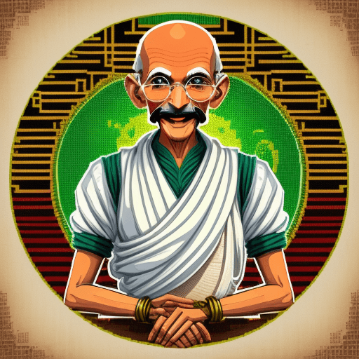 AI generated: Mahatma Gandhi Pixelart cryptopunk style with round glasses and happy smile india folk style with cr...