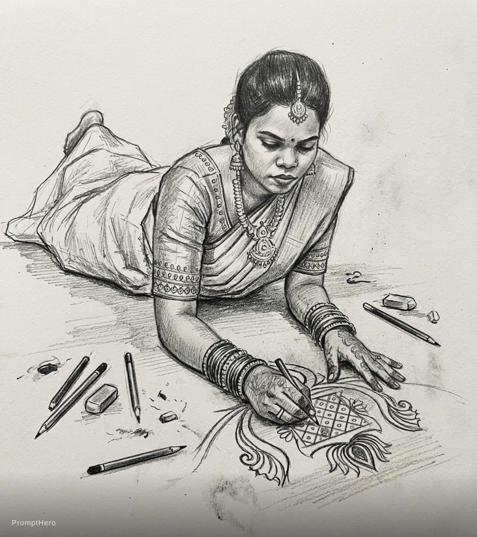 AI generated: a woman laying on the floor with her hands on the floor, drawing, sketch, pencil drawing, smudges