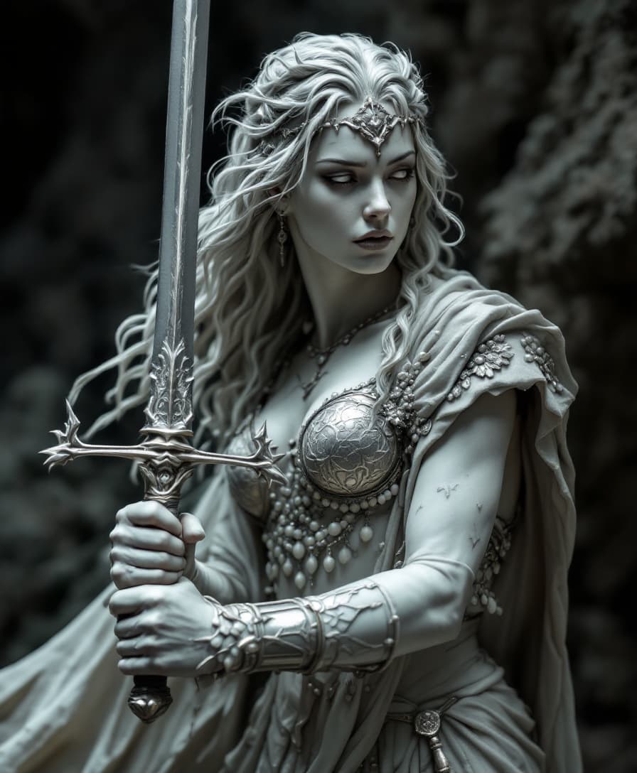 AI generated: Escultura em pedra ultra-realista de uma rainha guerreira ajoelhada com uma espada cravada no chão, ...