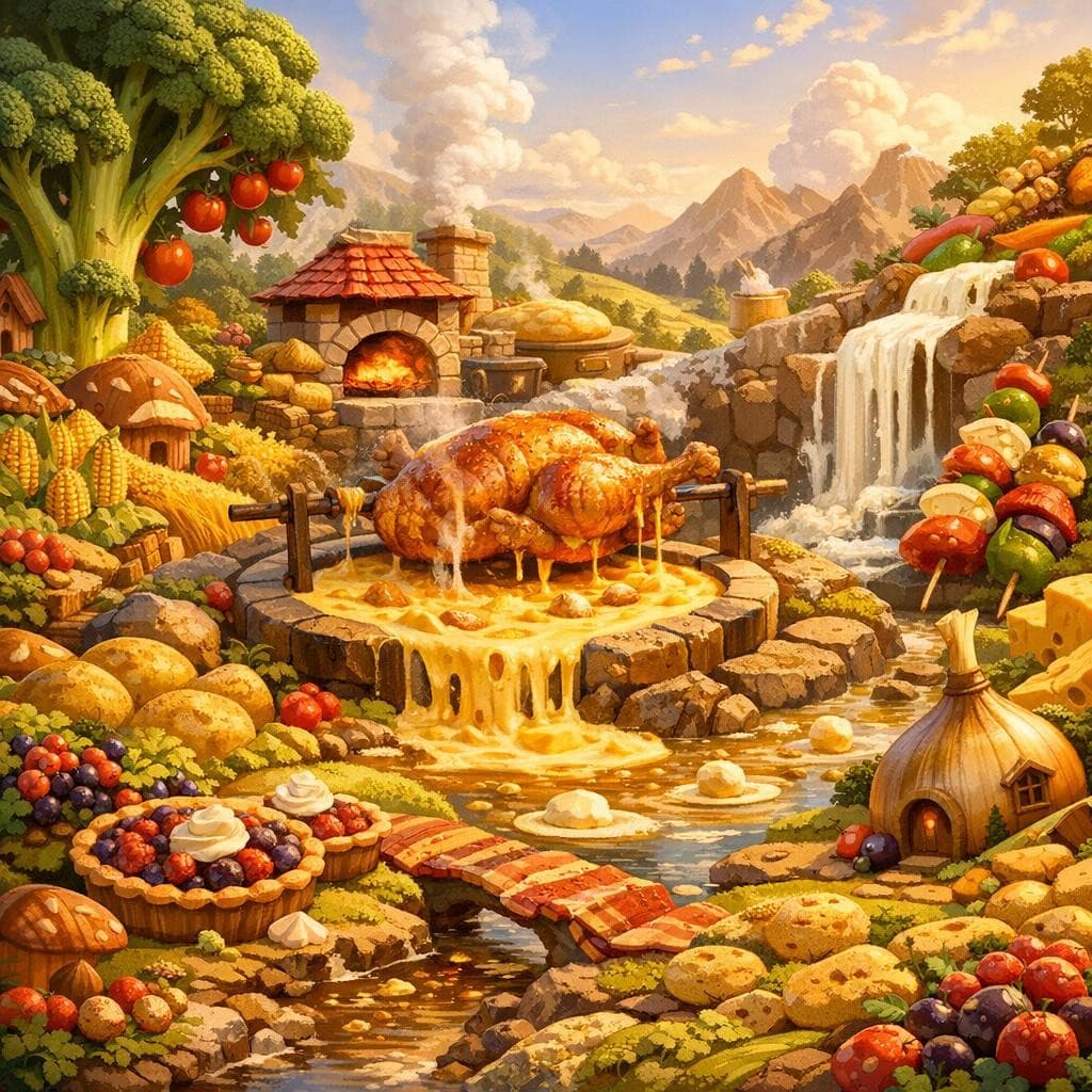 AI generated: Create a unique environment/Biome of a Cooking → The Hearthlands (warm lands, food naturally grows r...