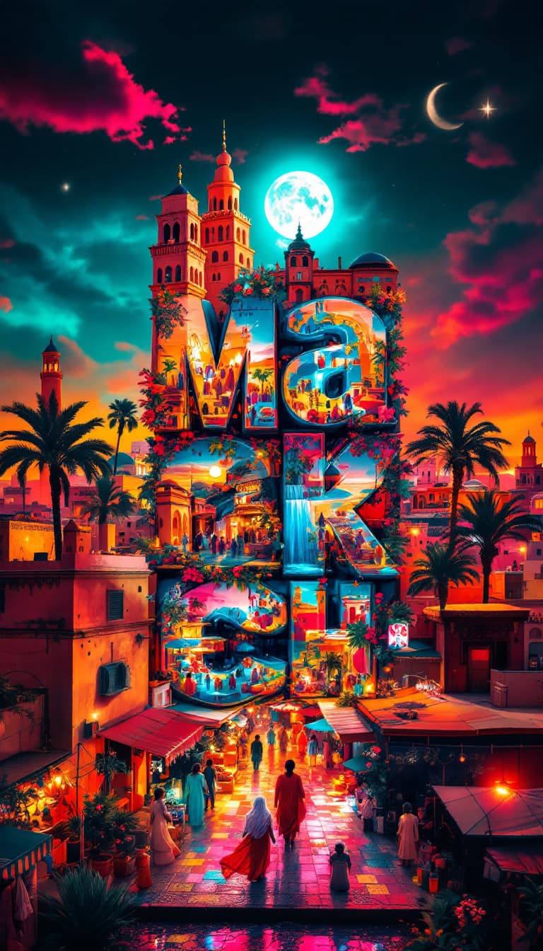 AI generated: A striking, high-contrast cinematic photo-style vertical collage that captures the essence of Marrak...