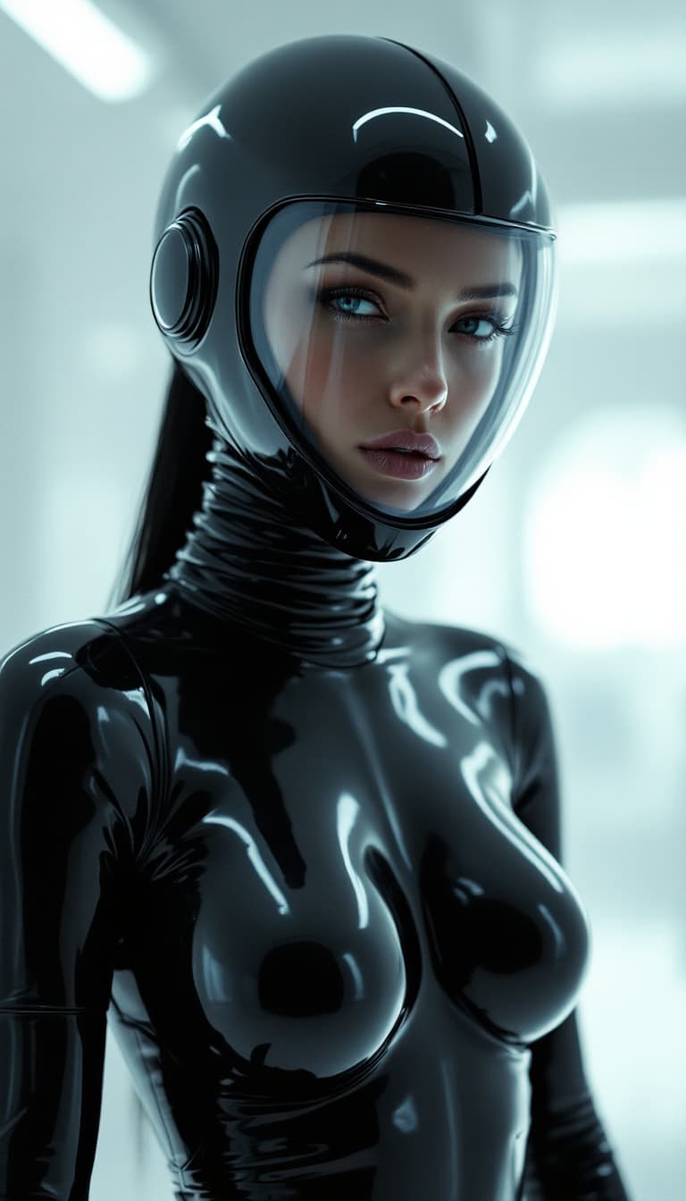 AI generated: Close-up shot of a woman wearing a black latex outfit and full-face helmet, standing in a white mini...