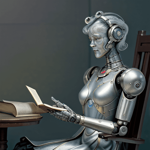 AI generated: "The elderly robot is seated, engrossed in a book, with an appearance that suggests both grace and t...