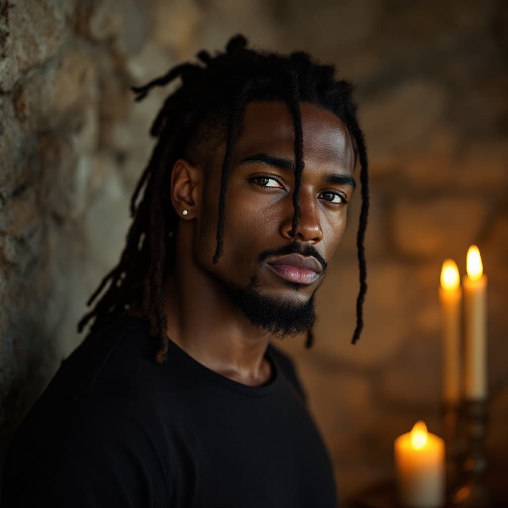 AI generated: “Three-quarter portrait of a man with deep-set amber eyes and long dark dreadlocks tied back, strong...