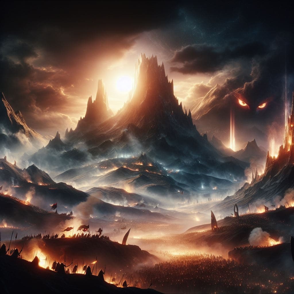 AI generated: Mordor, Mount Doom, Lord of the Rings, photorealism, shiny, glow, misty, cinematic, dynamic lights, ...