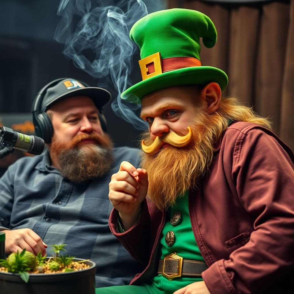 AI generated: Joe Rogan on set with mysterious leprechaun. smoking weed