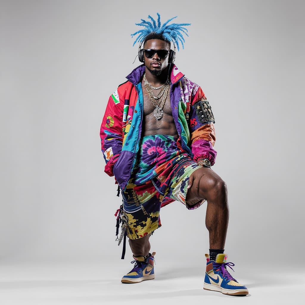 AI generated: a person posing in an eclectic and colorful outfit. They are wearing a vibrant jacket with patches, ...
