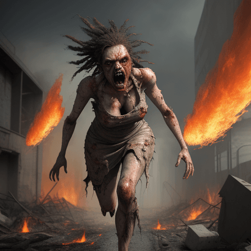 AI generated: A mutant hostile woman screaming, fire everywhere, wailing, torn dresses, one arm was broken in half...