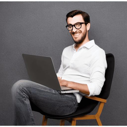 AI generated: A very cute man with glasses is sitting on a chair looking at a laptop