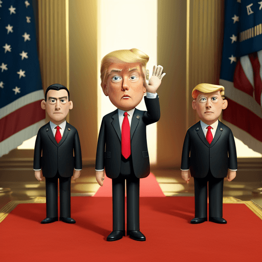 AI generated: Donald Trump cartoon 3D sunny bright Pixar-style image : standing sideways : suit and tie : right ha...