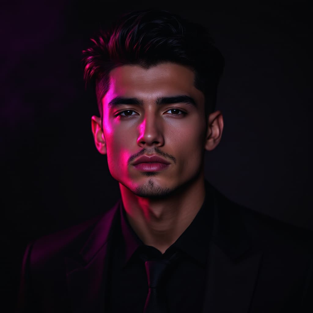 AI generated: "A young man with sharp facial features, styled black hair, and a confident yet mysterious expressio...