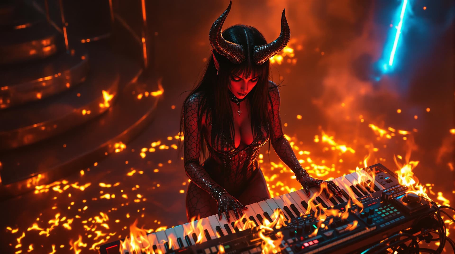 AI generated: High-angle shot of a female red demon character, bathed in warm, golden light, reminiscent of Zdzisł...
