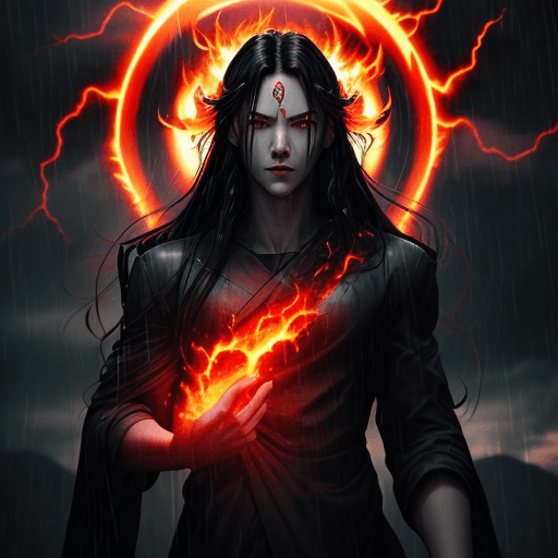 AI generated: anime::2, young god, Boss, in a rainstorm, thunders in background, scary, 4k, insane, red eyes, flam...