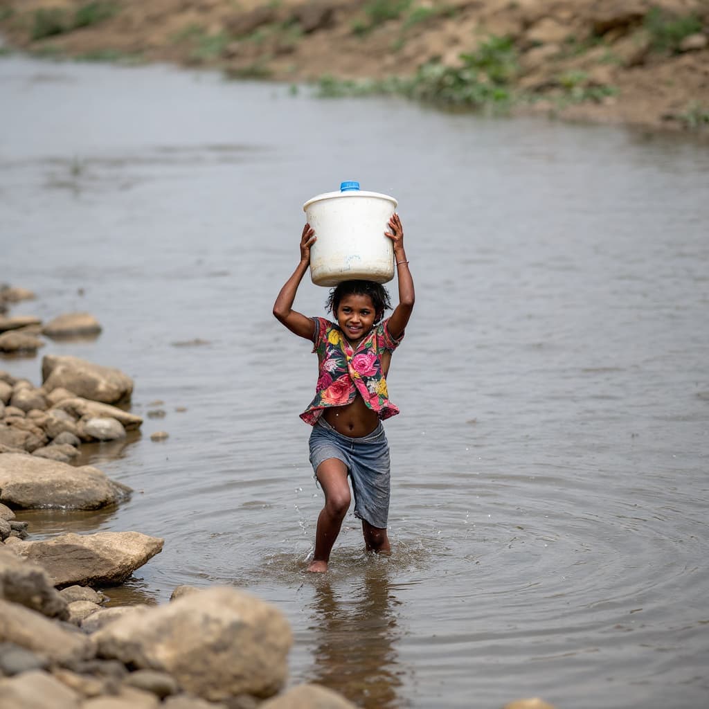 AI generated: young girl carrying water from a river
