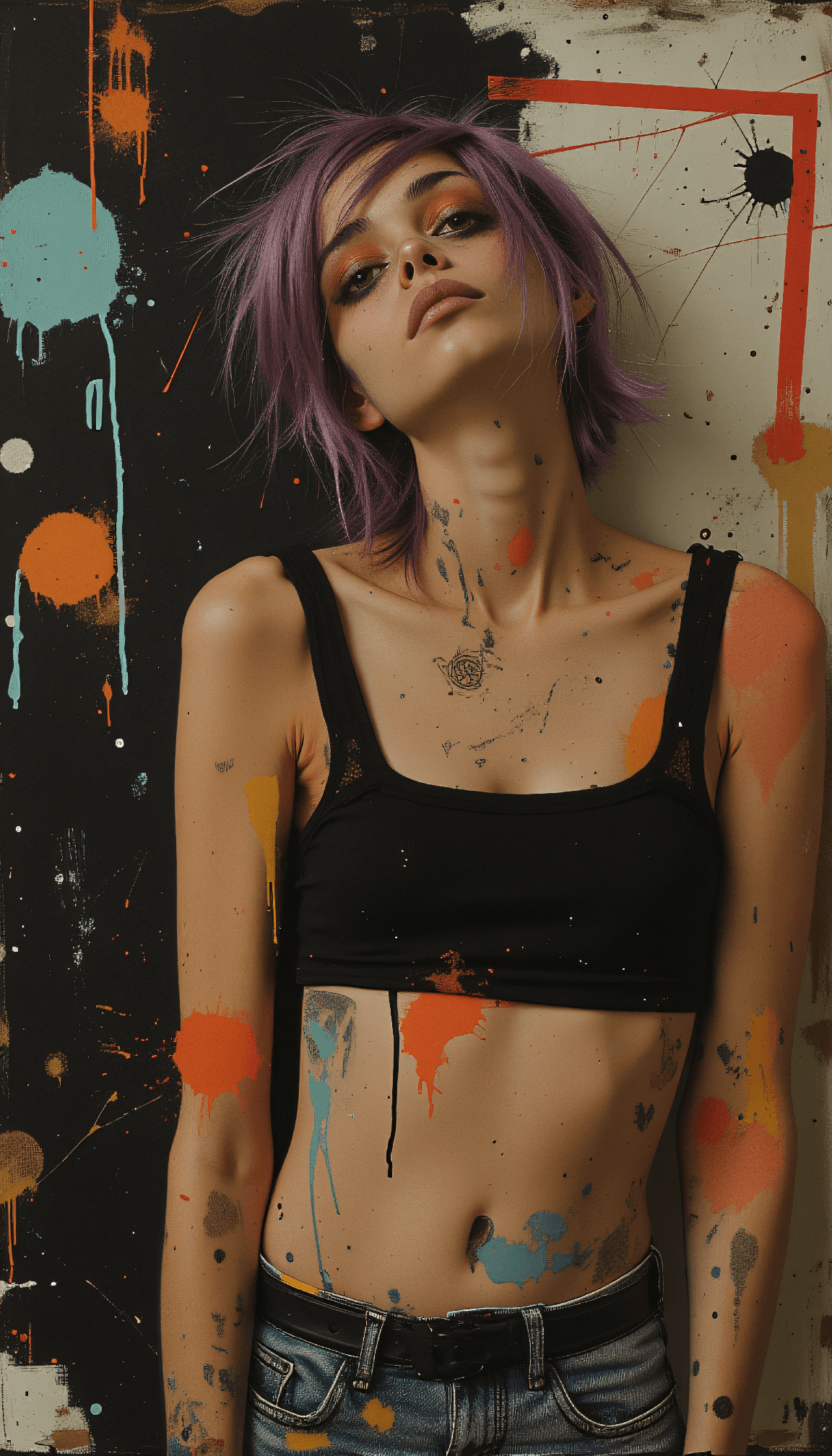 AI generated: 24-year-old with short spiky mauve hair, cropped tank top, painter pants, defined midriff, through m...