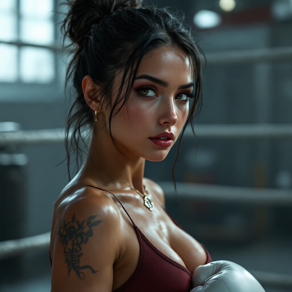 AI generated:  female ,dressed as boxer, standing in the ring, (((full body visible))), looking at viewer, portrai...