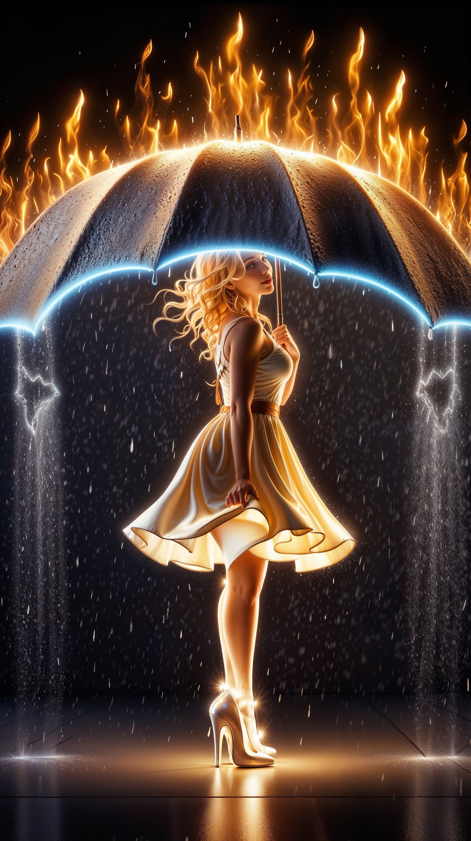 AI generated: An enchanting figure made of enchanted flames stands holding a magnificent umbrella made of cascadin...