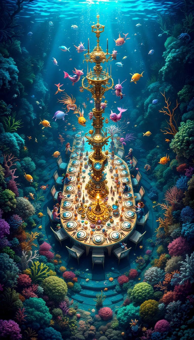 AI generated: **"The Steampunk Merfolk Masquerade"**  

A breathtaking aerial view of an stunning underwater Mas...