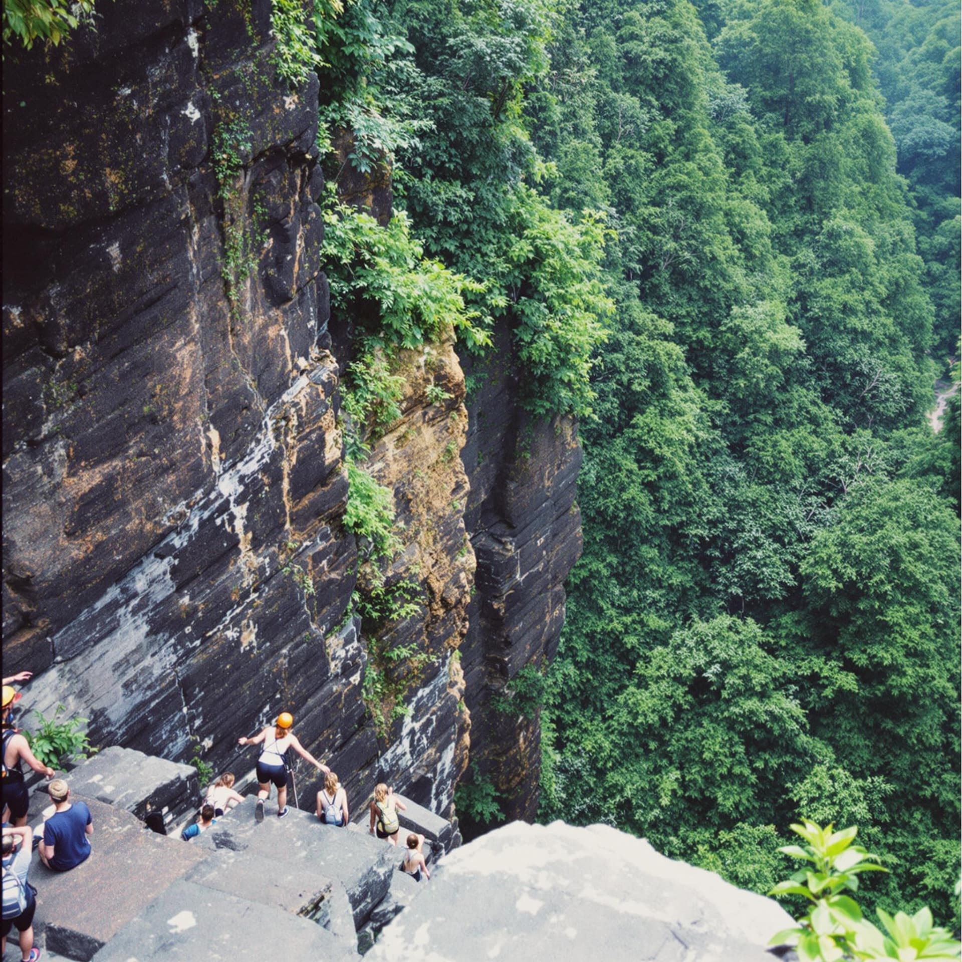 AI generated: madeira hiking, team building retreat, corporate retreat, cliff scenario, lush forest, polaroid, gra...