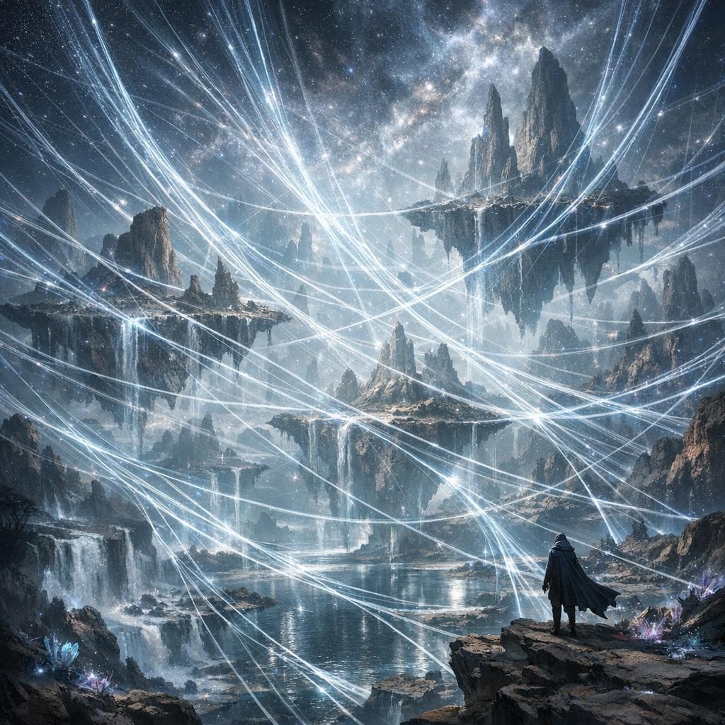 AI generated: Create a unique environment/Biome of a Threads → The Weave Expanse (visible strands connecting reali...