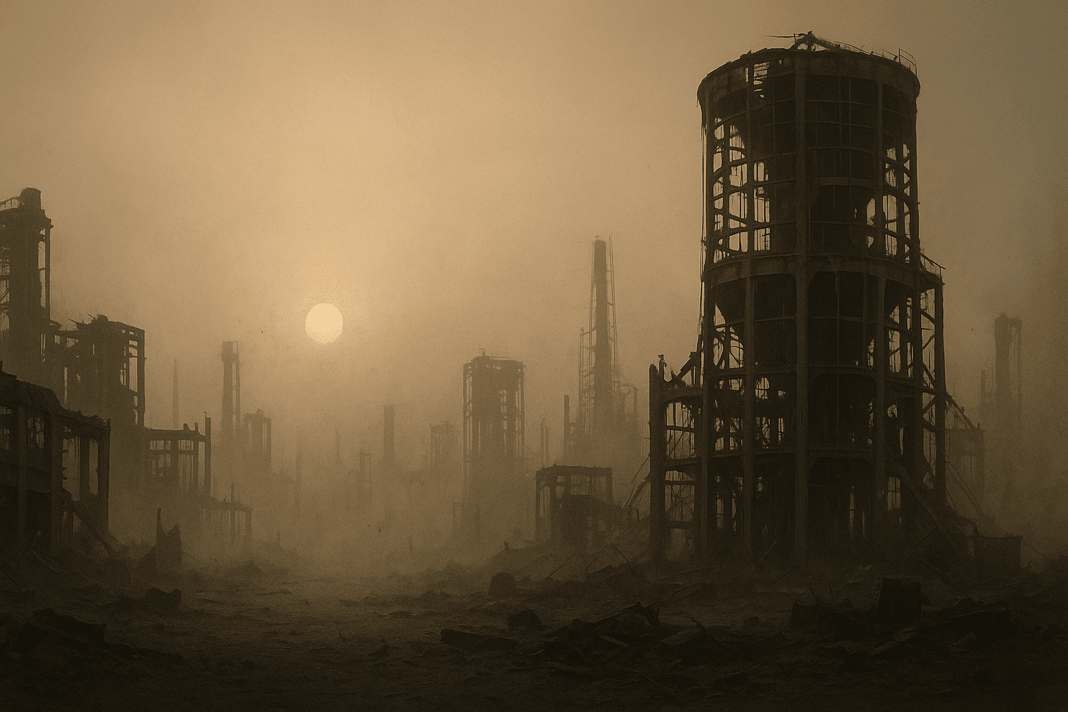 AI generated: ruined industrial landscape with the skeletal remains of silos and other structures emerging from a ...