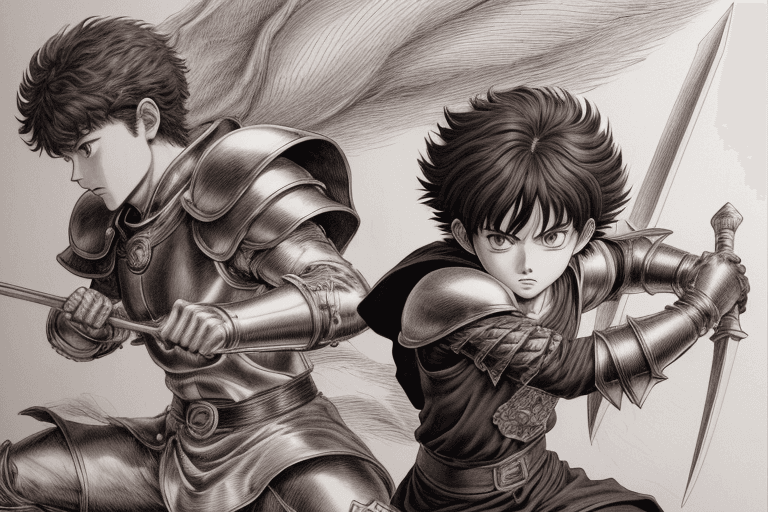 AI generated: monochrome, a little boy, brown hair with tuft, in golden armor, manga, ((without helmet)), in a fig...