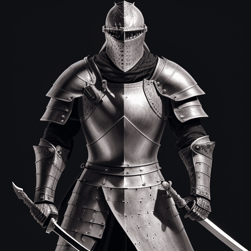 AI generated: a digital art drawing of a medieval knight wielding a one handed sword in front of him, black detail...