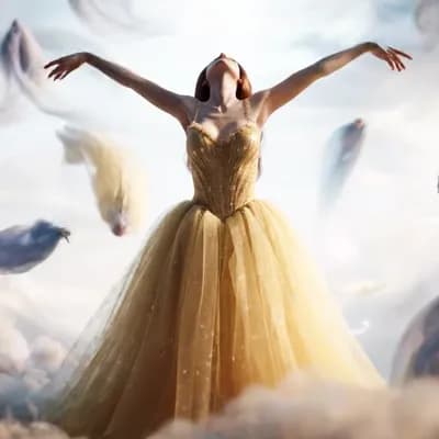 AI generated video: Woman in long luxorios tull dress, light yellow, golden color, the realm of the Air, magical winds e...