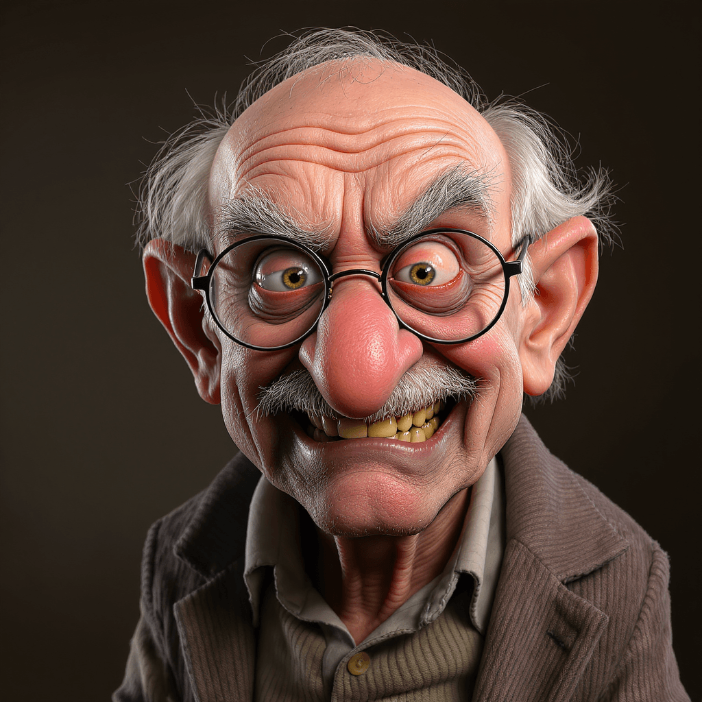 AI generated: Expressive caricature in pixar style unreal charming seemingly mischievous irritated very old man wi...