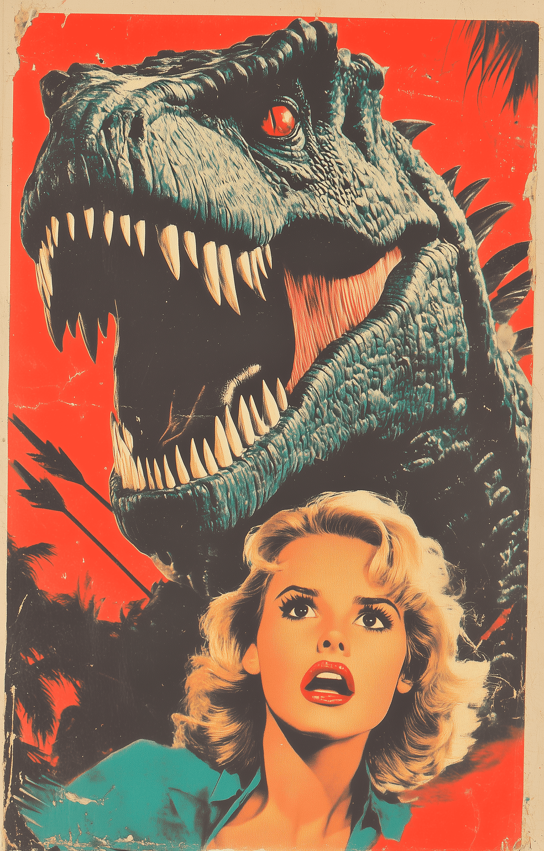 AI generated: Vintage pulp cover of a blonde woman being chased by a giant monster dinosaur, with sharp teeth and ...