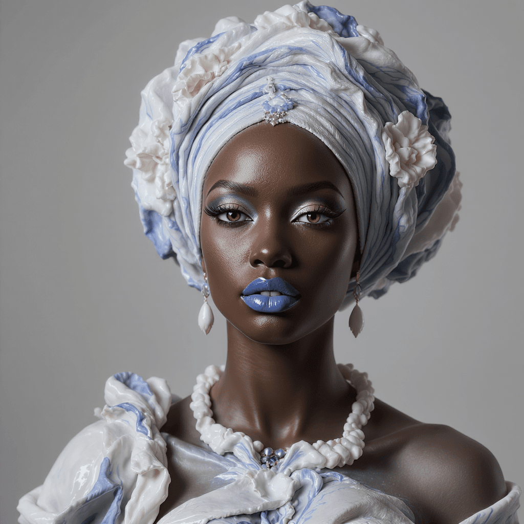 AI generated: a brown skin woman made out of porcelain, in the style of balanced symmetry, white and blue, detaile...