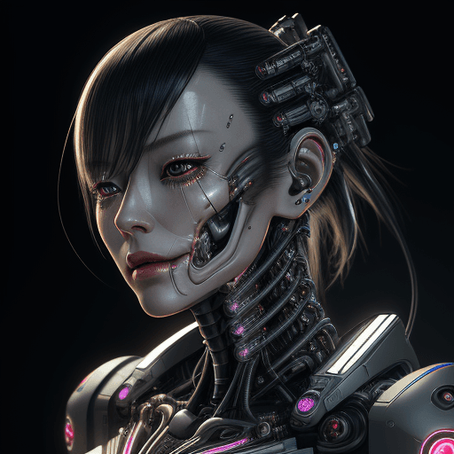 AI generated: japanese woman android face, cyborg, robotic parts, beautiful soft studio light, edge light, vibrant...