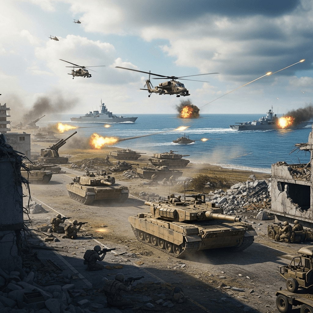 AI generated: A highly detailed, cinematic military simulation scene showing a modern battlefield combining land, ...