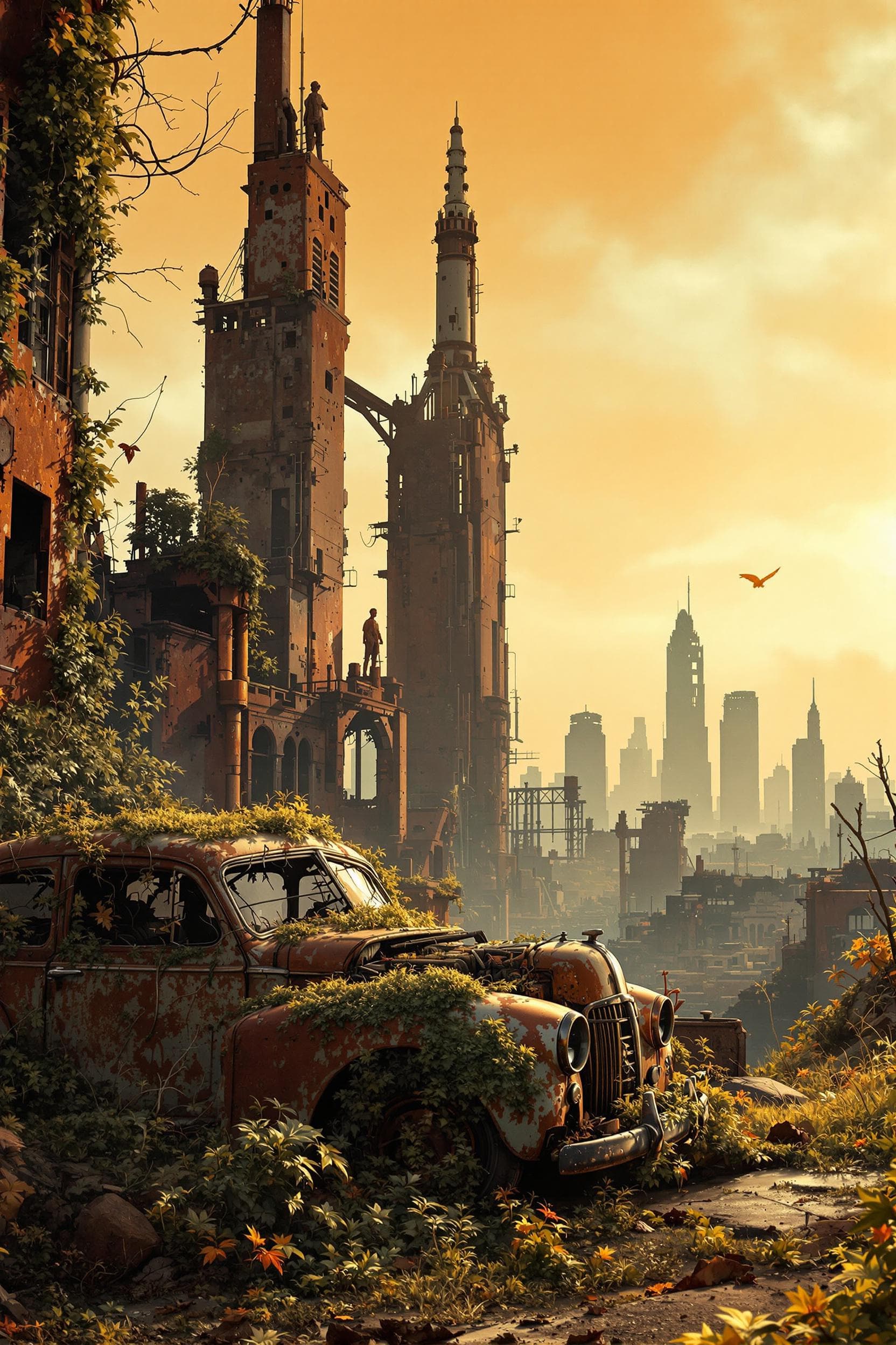 AI generated: A photorealistic scene featuring a post-apocalyptic landscape in the rust world style, with crumblin...